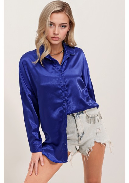 Kadın BDART Düğmeli Oversize Saten Gömlek Blue modelleri