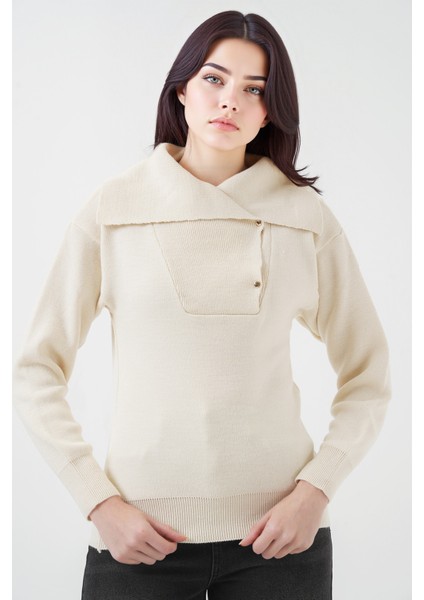 Kadın BDART Akrilik Örme Şal Yaka Kazak Natural