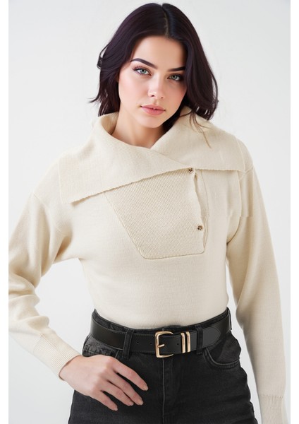 Kadın BDART Akrilik Örme Şal Yaka Kazak Natural modelleri