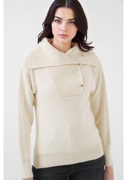 Kadın BDART Akrilik Örme Şal Yaka Kazak Natural fırsatları