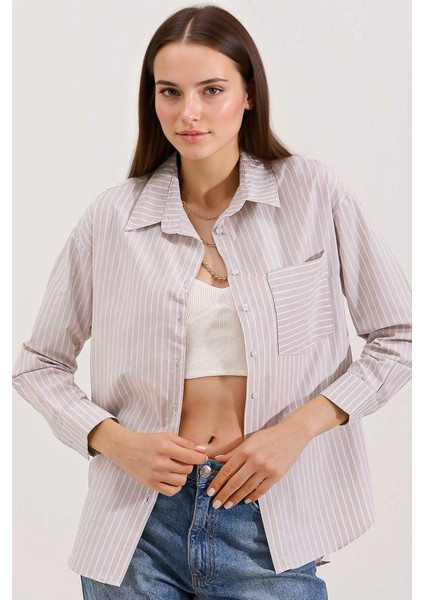 Kadın BDART Cepli Büyütülmüş Çizgili Poplin Gömlek Natural fiyatları