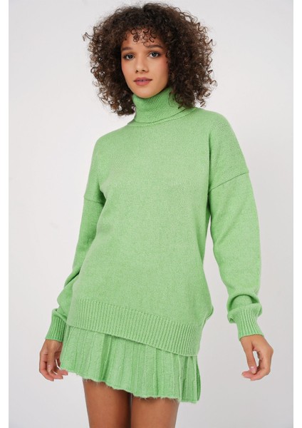 Kadın BDART Dokulu Oversize Yüksek Yaka Örme Takım Yeşil