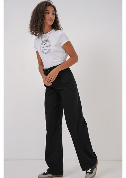 Kadın BDART Kemerli Geniş Paça Pamuk Pantolon Siyah modelleri