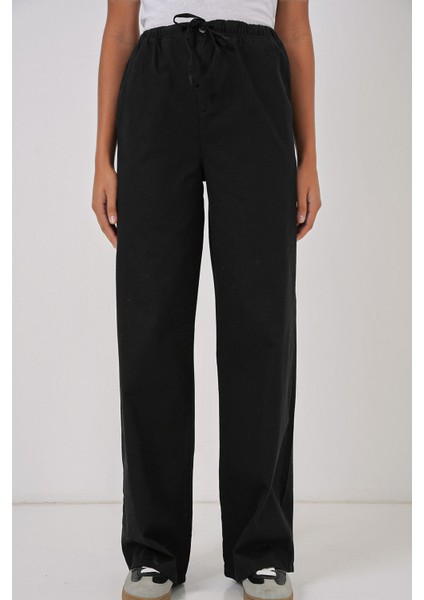 Kadın BDART Kemerli Geniş Paça Pamuk Pantolon Siyah fırsatları