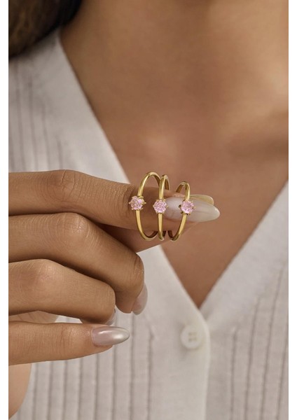 Çelik Yuvarlak Zirkon Taşlı Minimal Eklem Yüzük Seti 3 Adet