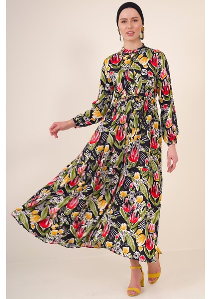 Kadın BDART Çiçek Desenli Düğmeli Maxi Elbise Black