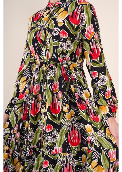Kadın BDART Çiçek Desenli Düğmeli Maxi Elbise Black fırsatları