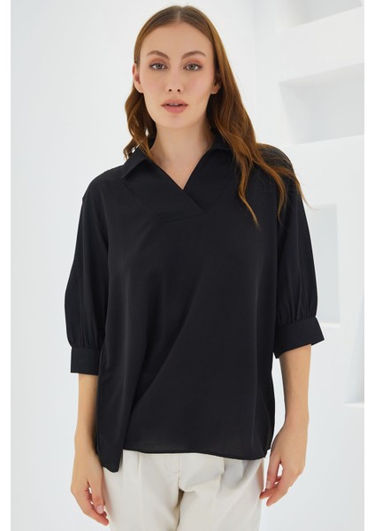Kadın BDART Polo Yaka Bol Kesim Üç Çeyrek Kol Bluz Black fırsatları