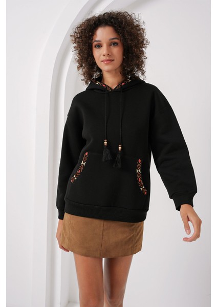Kadın BDART Ponponlu Kapüşonlu Oversized Sweatshirt Black