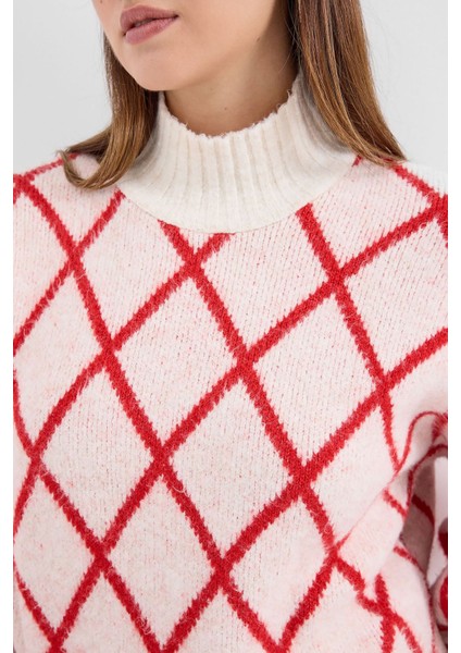 Kadın BDART Geometrik Desenli Oversize Yaka Kazağı Red indirimleri