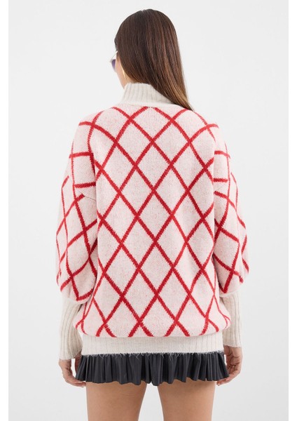 Kadın BDART Geometrik Desenli Oversize Yaka Kazağı Red