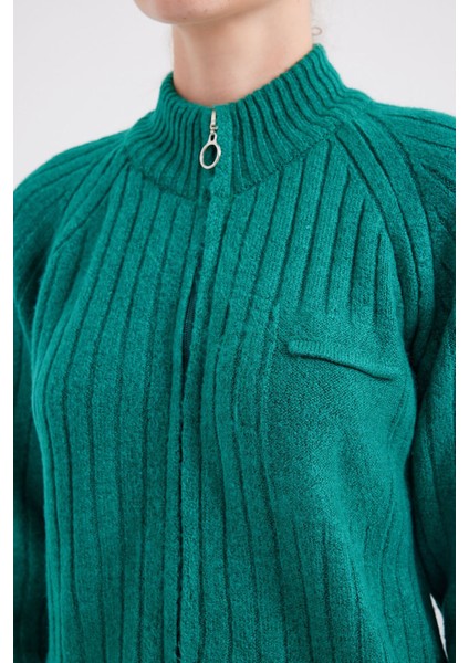 Kadın BDART Zipper Yaka Ribana Örme Kardigan Green fırsatları