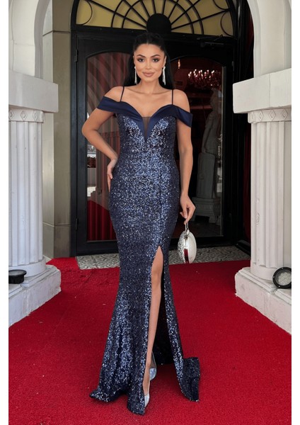 Pul Payet Kumaş Kayık Yaka Abiye Elbise - Lacivert fiyatları