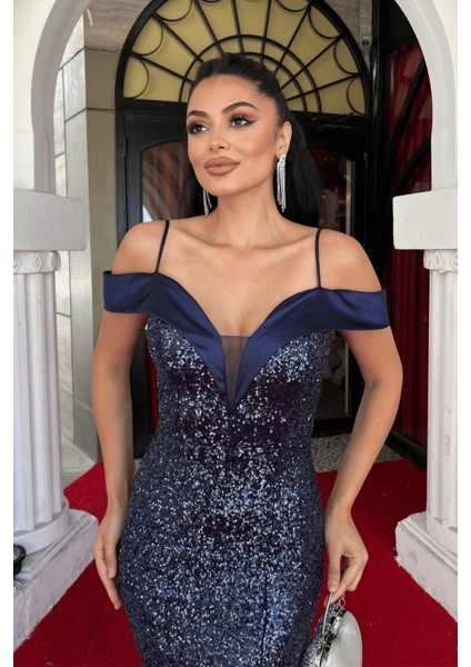 Pul Payet Kumaş Kayık Yaka Abiye Elbise - Lacivert modelleri