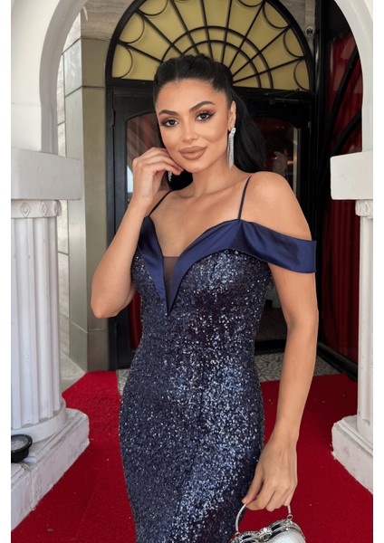 Pul Payet Kumaş Kayık Yaka Abiye Elbise - Lacivert fırsatları