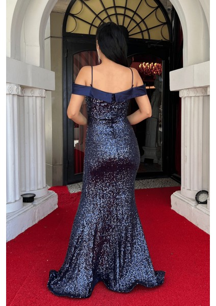 Pul Payet Kumaş Kayık Yaka Abiye Elbise - Lacivert indirimleri