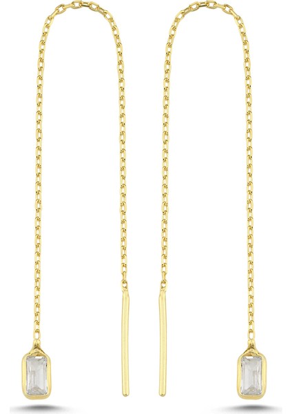 925 Ayar Gümüş Gold Kaplama Minik Baget Taşlı Zincir Küpe