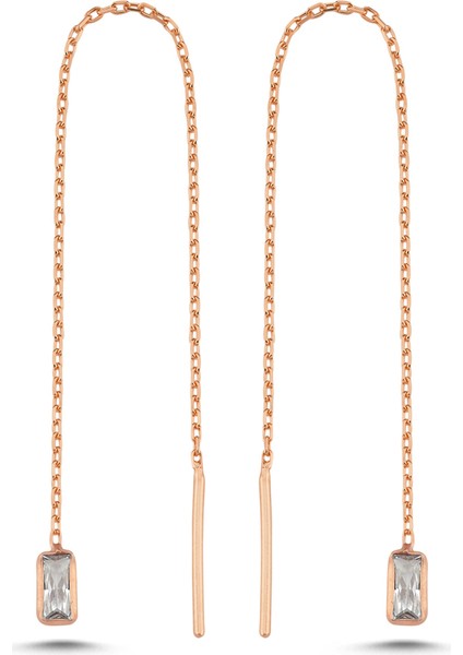 925 Ayar Gümüş Rose Kaplama Minik Baget Taşlı Zincir Küpe