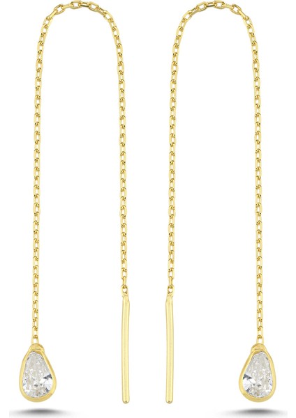 925 Ayar Gümüş Gold Kaplama Minik Damla Taşlı Zincir Küpe