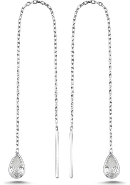 925 Ayar Gümüş Rodyum Kaplama Minik Damla Taşlı Zincir Küpe