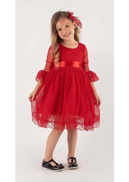 Rengarenk Fransız Dantel Tokalı Kız Çocuk Elbise