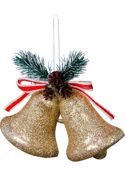 Yılbaşı Süsü Kozalaklı Simli Çan Şampanya 10 cm