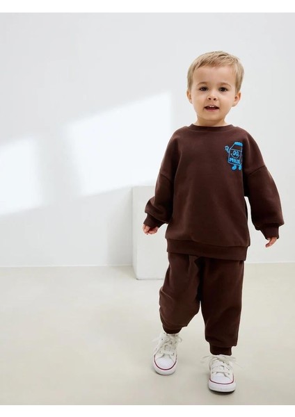 Erkek Çocuk Pamuklu Kahverengi Choco Milk Baskılı Eşofman Takım - Rahat Günlük Stil