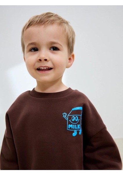Erkek Çocuk Pamuklu Kahverengi Choco Milk Baskılı Eşofman Takım - Rahat Günlük Stil fiyatları