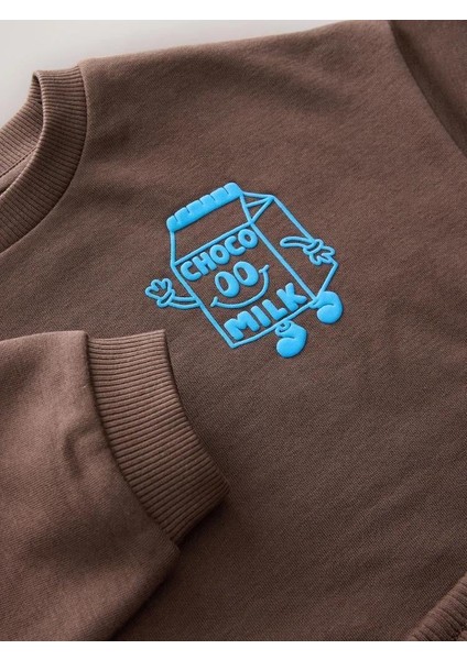 Erkek Çocuk Pamuklu Kahverengi Choco Milk Baskılı Eşofman Takım - Rahat Günlük Stil indirimleri