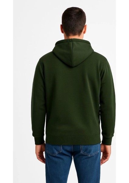 Erkek Üç Iplik Kapüşonlu Tam Fermuarlı Kanguru Çepli Sweatshirt Hoodie - Haki fiyatları