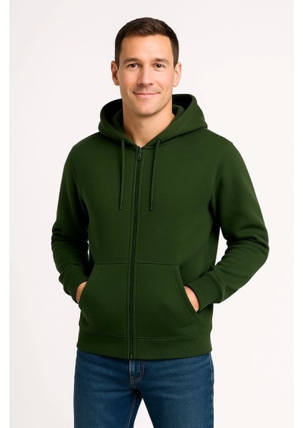 Erkek Üç Iplik Kapüşonlu Tam Fermuarlı Kanguru Çepli Sweatshirt Hoodie - Haki modelleri