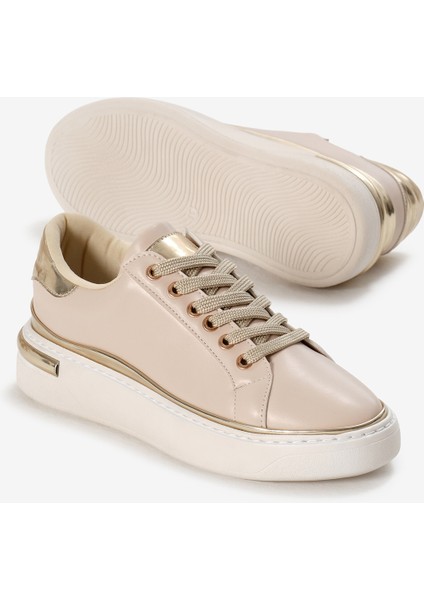 Kadın Bej Kalın Poli Taban Altın Detaylı Bağcıklı Spor Ayakkabı fırsatları