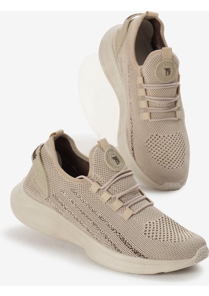 Unisex Bej Termo Taban Şerit Detaylı Bağcıklı Triko Spor Ayakkabı