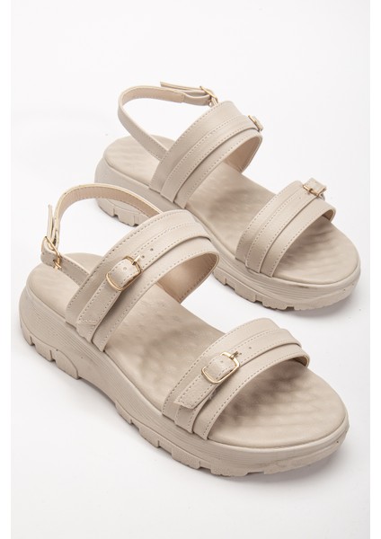 Kadın Bej Sandalet Ayarlanabilir Toka Detayı ile Gün Boyu Konfor Çift Bantlı