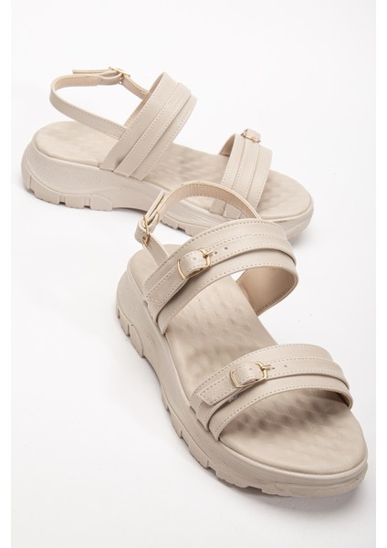 Kadın Bej Sandalet Ayarlanabilir Toka Detayı ile Gün Boyu Konfor Çift Bantlı modelleri