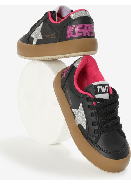 Çocuk Unisex Siyah Gümüş Termo Taban Yıldız Detaylı Bağcıklı ve Cırtlı Spor Ayakkabı