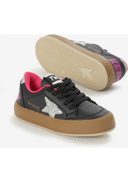 Çocuk Unisex Siyah Gümüş Termo Taban Yıldız Detaylı Bağcıklı ve Cırtlı Spor Ayakkabı fırsatları