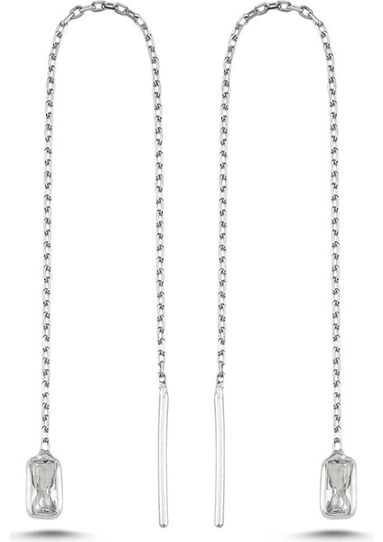 925 Ayar Gümüş Rodyum Kaplama Minik Baget Taşlı Zincir Küpe