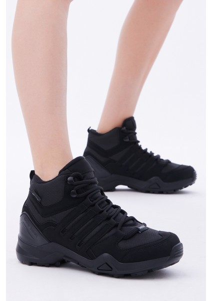 Unisex Siyah Siyah Rahat Kalıp Yanı Şerit Detaylı Bağcıklı Trekking Bot