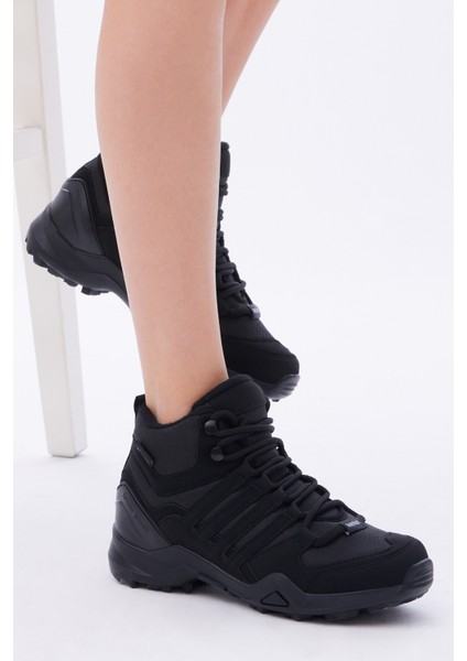 Unisex Siyah Siyah Rahat Kalıp Yanı Şerit Detaylı Bağcıklı Trekking Bot modelleri