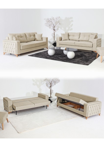 Nola Koltuk Takımı 3+3+3 & Bazalı Yataklı Koltuk & Kanepe - Açık Krem