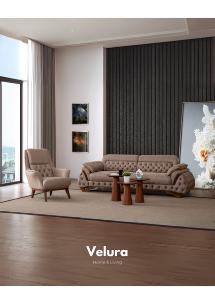 Tulia Sırt Mekanizmalı ve Kapitoneli 3 Adet Üçlü Kanepe & 3'lü Koltuk (3+3+3) - Krem