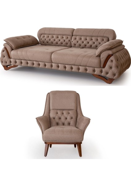 Tulia Sırt Mekanizmalı ve Kapitoneli 3 Adet Üçlü Kanepe & 3'lü Koltuk (3+3+3) - Krem modelleri