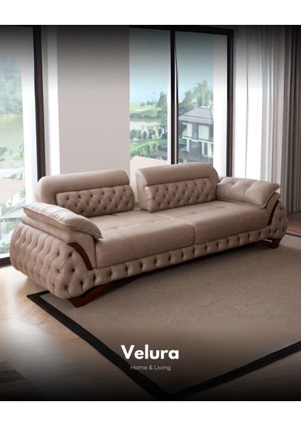 Tulia Sırt Mekanizmalı ve Kapitoneli 3 Adet Üçlü Kanepe & 3'lü Koltuk (3+3+3) - Krem fırsatları