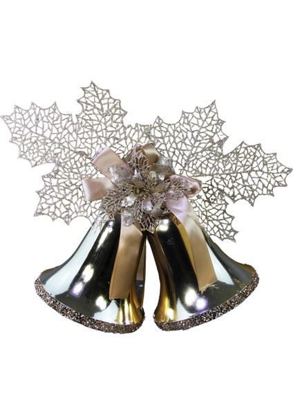 Yılbaşı Süsü Kurdeleli Dantel Yapraklı Çan Şampanya 20 cm