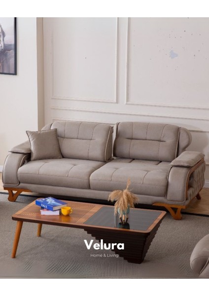 Berra Sırt Mekanizmalı Üç Adet Üçlü Kanepe & 3'lü Koltuk (3+3+3) - Koyu Krem