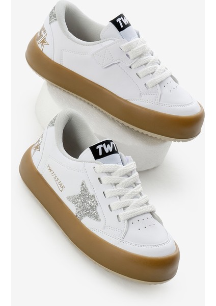 Çocuk Unisex Beyaz Gümüş Termo Taban Yıldız Detaylı Bağcıklı ve Cırtlı Spor Ayakkabı