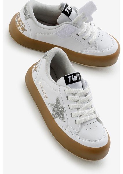 Çocuk Unisex Beyaz Gümüş Termo Taban Yıldız Detaylı Bağcıklı ve Cırtlı Spor Ayakkabı modelleri