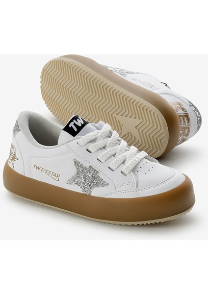 Çocuk Unisex Beyaz Gümüş Termo Taban Yıldız Detaylı Bağcıklı ve Cırtlı Spor Ayakkabı fırsatları