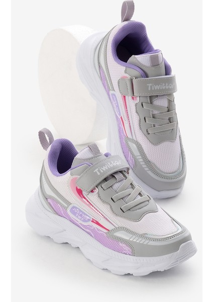 Çocuk Unisex Gri Lila Eva Faylon Taban Desenli Cırtlı Lastik Bağcıklı Spor Ayakkabı